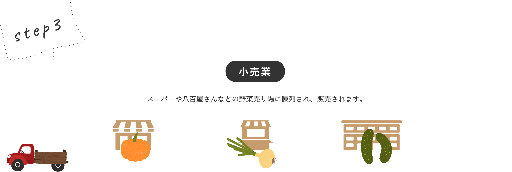 小売業:スーパーや八百屋さんなどの野菜売り場に陳列され、販売されます。